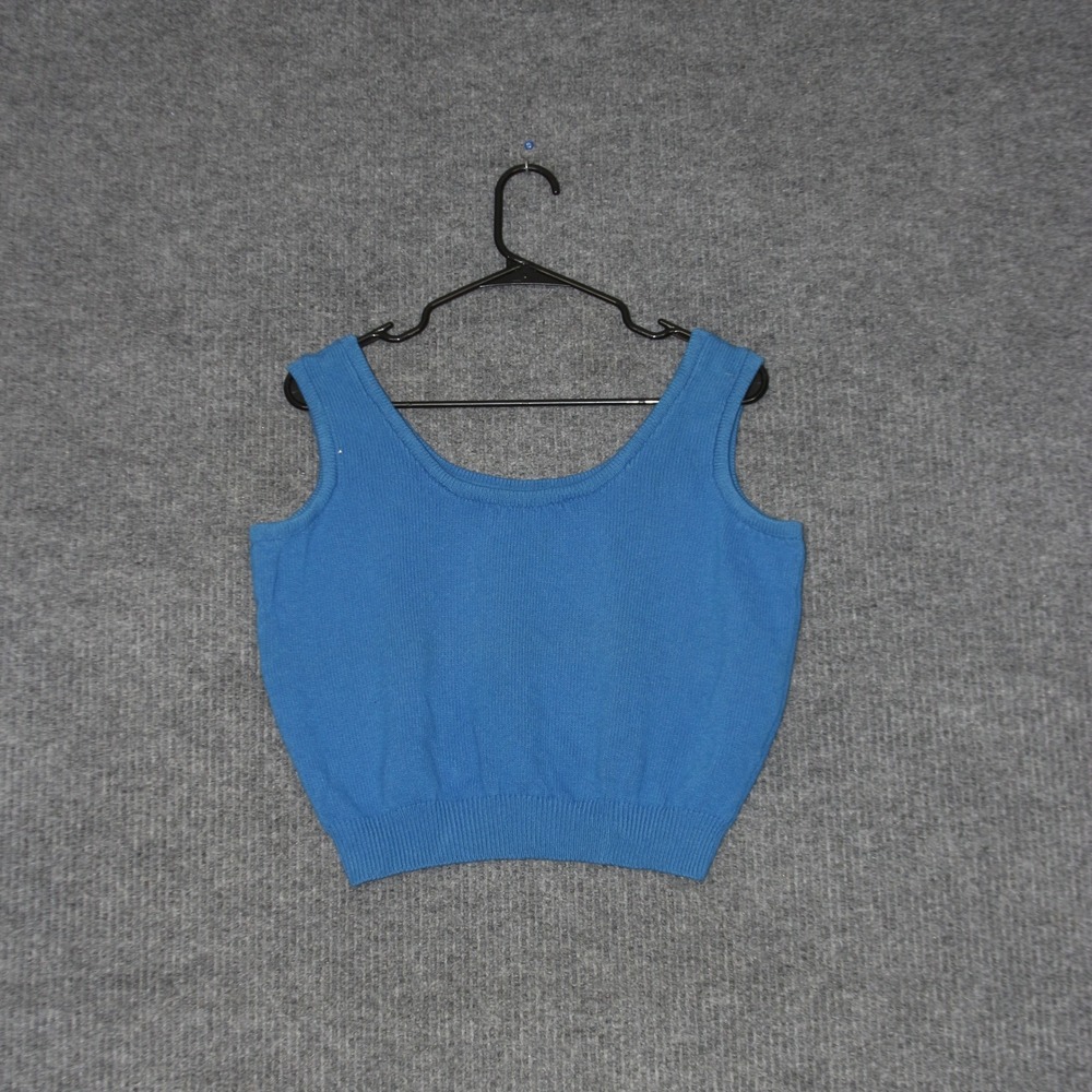 ST JOHN Knit Crop Tank Top Womens L Blue Knit Designer Layering Pullover Sports